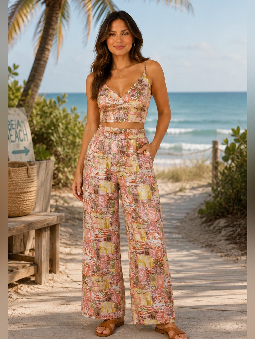 Le Lis Tropical Postcard Print Two-Piece Set Crop Top Wide Leg Pants Small